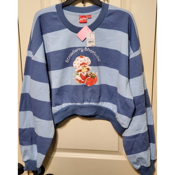 Strawberry Shortcake Women’s Cropped Sweatshirt Blue Striped Size XL - NWT - Picture 1 of 7
